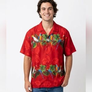 Rima Red Tropical Flowers Parrot Hawaiian Style Button Down Shirt Size XL @Z